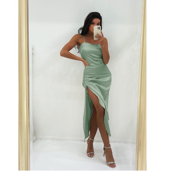 Satin Mint Green High Slit Midi Dress - Picture 3 of 9